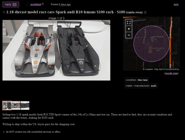 A pair of 1:18 Scale Audi R10 Race Cars!